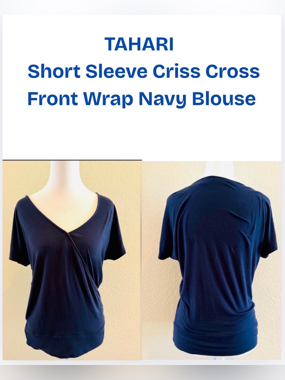 Tahari Navy Criss Cross Wrap Front Top Small Ruched